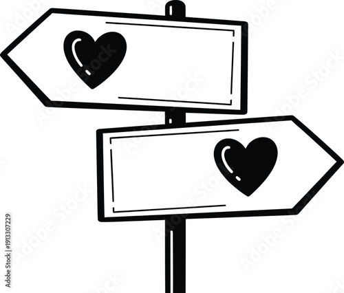 A black and white illustration of two heart shaped directional signs on a post pointing in opposite directions romantically