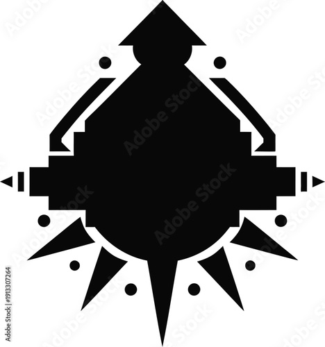 A black silhouette of a stylized beetle or scarab with abstract extensions on a plain white background