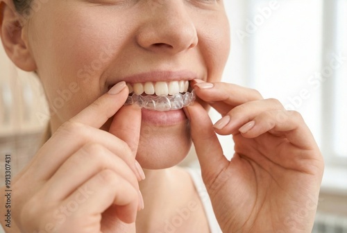 Woman smiling while putting on clear dental aligners for teeth straightening treatment
