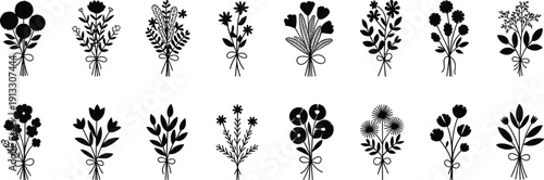 Hand Drawn Black Floral Bouquet Silhouette Vector Set Isolated on White Background for Elegant Wedding Invitations Minimalist Botanical Elements and Nature Inspired Graphic Design