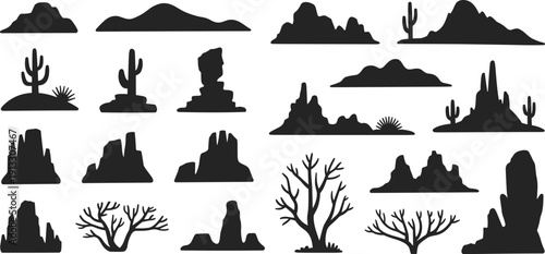 Desert Silhouette Vector Set Featuring Saguaro Cactus Mountains Canyons and Dry Trees for Wild West Landscape Illustration Outdoor Adventure Graphics and Nature Background Elements