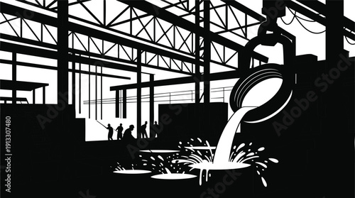 Industrial Steel Mill Foundry Silhouette Featuring Molten Metal Pouring from Large Ladle and Factory Workers in Manufacturing Plant Isolated on White Background for Vector Design