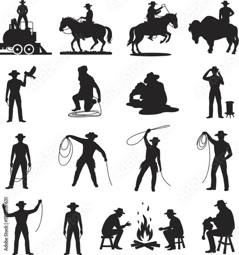 Wild West Cowboy Silhouette Set Featuring Men Riding Horses Roping Cattle Sitting by Campfire and Bison Isolated on White Background for Western Vector Graphic Design