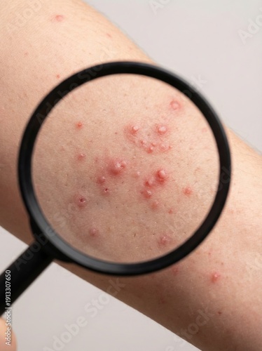 Close-up view of skin with acne and a magnifying glass examining the blemishes