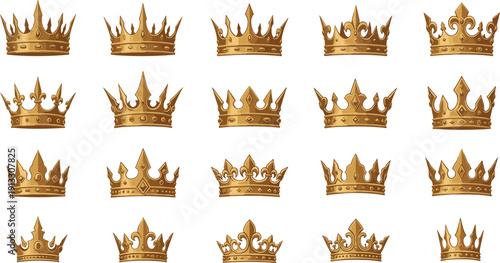 Golden crown collection, royal king queen tiaras, luxury monarchy symbols, ornate jewelry design set, regal illustration, isolated vector pack