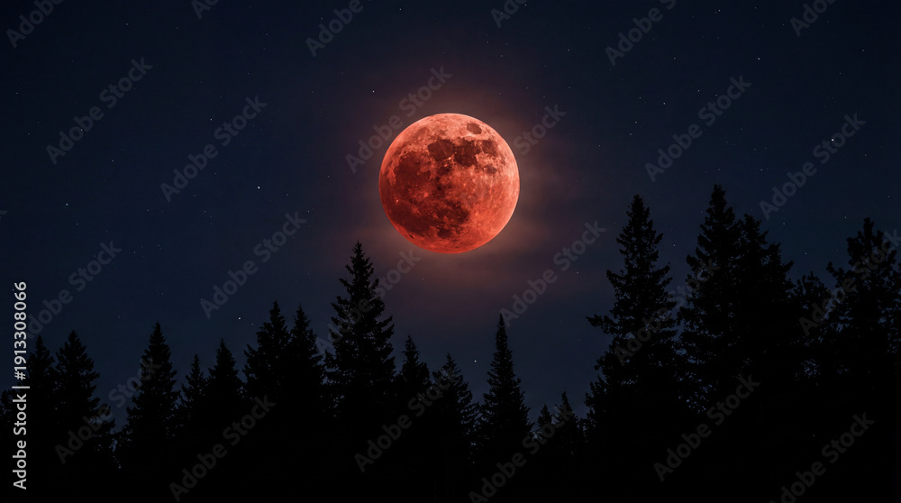 Fototapeta premium Large, glowing red blood moon during a total lunar eclipse in a dark starry night sky. Silhouette of a coniferous pine forest in the foreground creates a dramatic and celestial atmosphere.