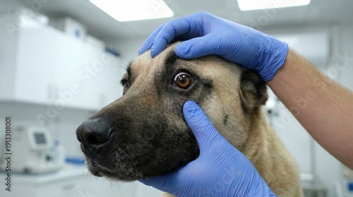 Veterinarian examining a dog's eye with blue gloves in a clinic examination room