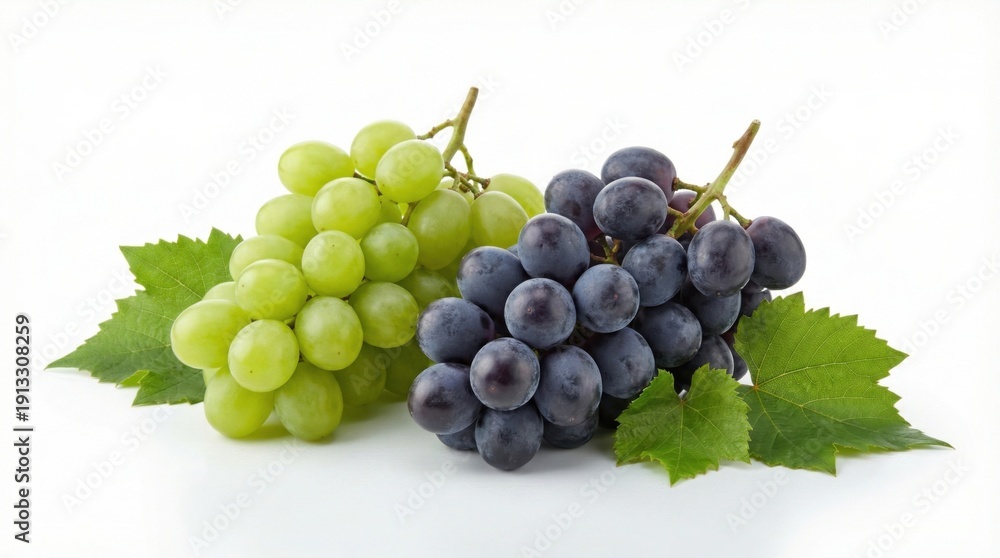 Fototapeta premium Fresh green and dark purple grapes with leaves on a clean white background