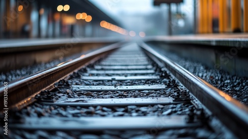 Close-up of railway tracks at a train station platform at dusk with bokeh lights