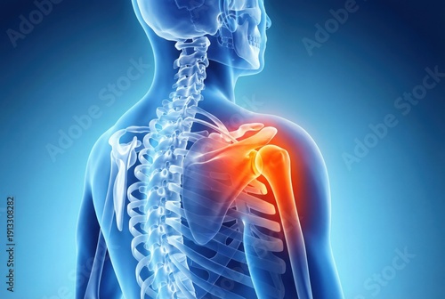 3D medical illustration of human shoulder joint with inflammation highlighted in red