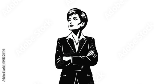Confident professional businesswoman standing with arms crossed in modern corporate style illustration