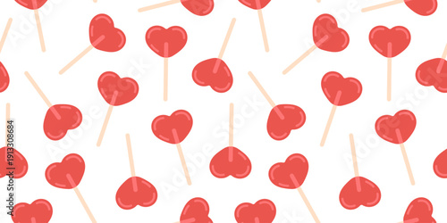 Seamless pattern with heart shaped lollipops on white background. Cute sweet design for valentine, candy shop, party, wrapping, textile and festive decor. Flat vector. Hand drawn.