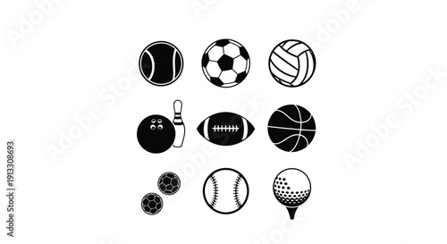 Various sports balls and a bowling pin collection are shown.