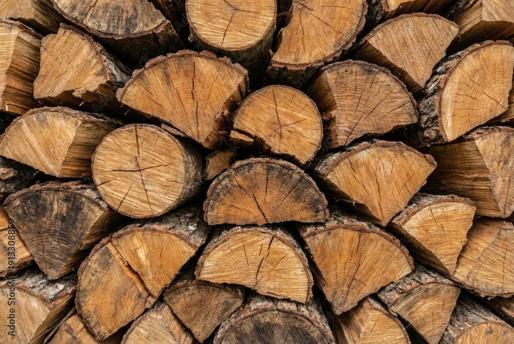 Fototapeta premium Neatly stacked firewood logs with visible grain and bark texture, ready for winter