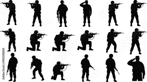 Military soldier silhouettes set, army combat poses, armed forces rifle stances, tactical operators collection, defense illustration, isolated vector pack