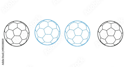 Four soccer balls are displayed in a horizontal row.