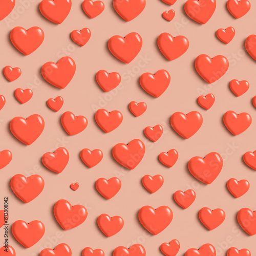 Seamless Pattern Of Shiny Red Hearts On Peach