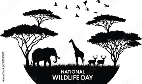 National Wildlife Day silhouette illustration, African savanna animals and acacia trees landscape, elephant giraffe deer birds, nature conservation concept