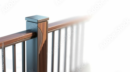 Decorative wooden railing post with metal accents on white background  