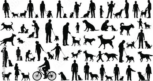 People walking dogs silhouettes set, pet owner activities collection, dog training, leash walking, family lifestyle, isolated black vector illustration