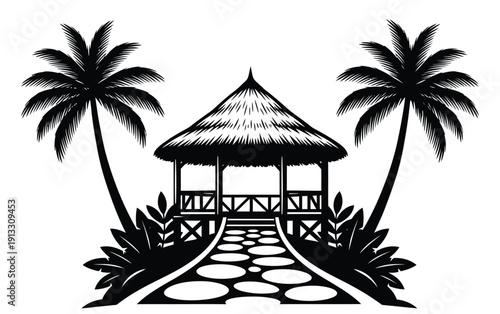 A black and white image of a hut and two palm trees