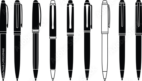 Black pen silhouettes set featuring various ballpoint office supplies writing tools and ink pens isolated on white background for stationery