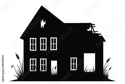 A black silhouette of a house with broken windows and a damaged roof