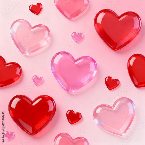 Glossy Red And Pink Heart Shapes On White Background