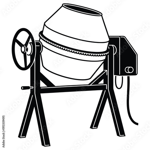 A black and white drawing of a concrete mixer