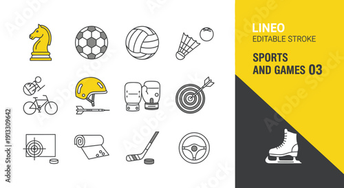 Collection of sports and games line icons on yellow.