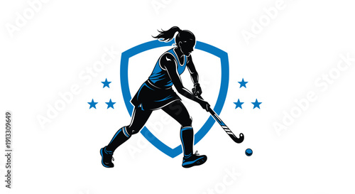 A female hockey player silhouette strikes a ball with a stick.