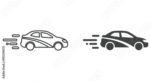 Set of two car icons showing motion and speed for logistics and delivery