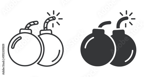 Set of round explosive bomb icons with burning fuses in outline and silhouette