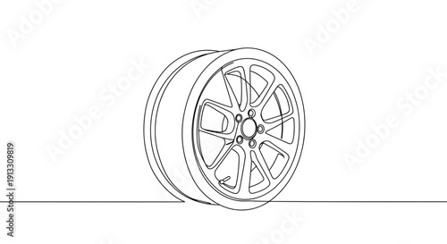 Line drawing of a car wheel with detailed spokes on a transparent background for automotive design or illustration concepts
