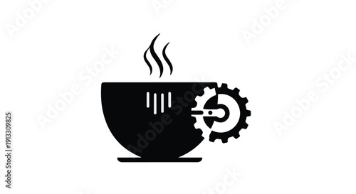 Coffee cup with gear and sound wave symbol, steaming hot, modern technology and communication concept,