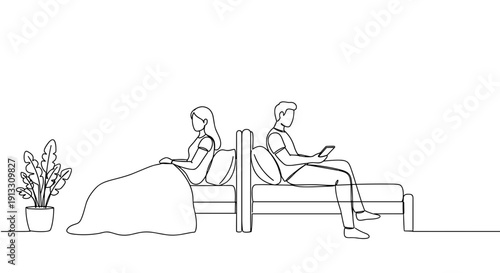 Line drawing of a couple sitting on a bed with a plant, one person reading and the other resting, isolated on white background
