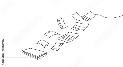 Line drawing of sheets of paper falling on a transparent background with a stylized design showing various angles and movements in a fluid motion