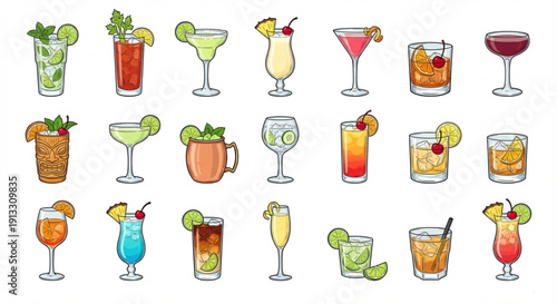 Diverse collection of refreshing cocktail illustrations, a vibrant set of classic and modern mixed drinks for menus and beverage designs