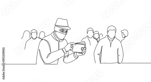 Line drawing of a man in a hat taking a photo of a crowd with people standing around him on a transparent background