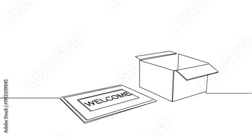 Line drawing of a cardboard box and welcome mat isolated on transparent background