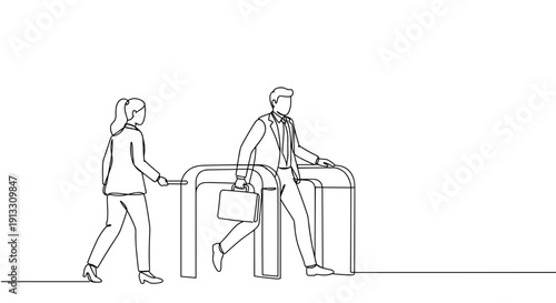 Line drawing of two people at a turnstile in an indoor setting during the day with a minimalist design and clear outlines on a transparent background