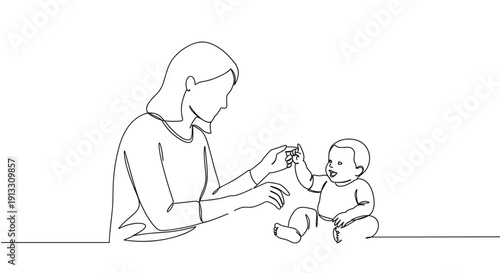 Line drawing of a mother playing with her baby in a nurturing environment on a transparent background