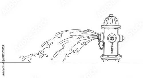 Line drawing of a fire hydrant with water spraying out on a transparent background in a minimalist style showcasing details of the object and its function