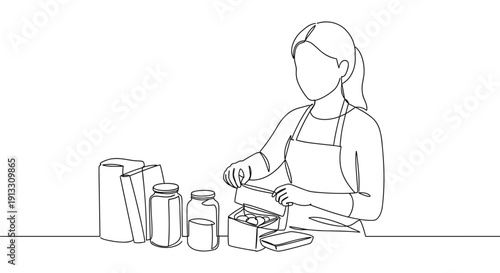 Line drawing of a woman preparing ingredients in the kitchen, with containers and jars on a table, isolated on a transparent background.