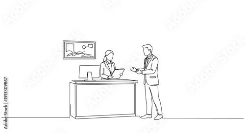 Line drawing of a man and woman interacting at a reception desk in an office with a computer on a transparent background