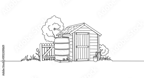 Line drawing of a rustic wooden shed with a fence and trees in a garden on a transparent background