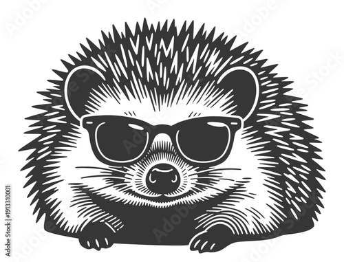 Cool Hedgehog Wearing Sunglasses in Vintage Black and White Engraving Style