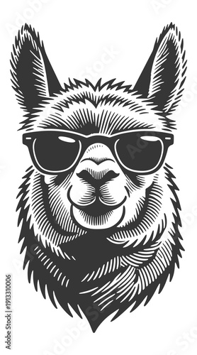 Cool Llama Head Wearing Sunglasses in Vintage Black and White Engraving Style