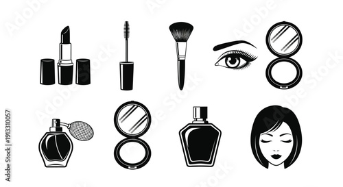 Cosmetics icons show lipstick, brushes, and perfume bottles.