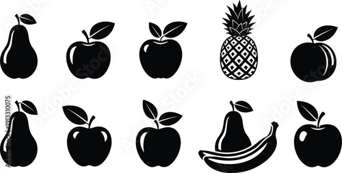Black silhouette set of fruit icons featuring apples pears pineapple and bananas isolated on white background for healthy food design